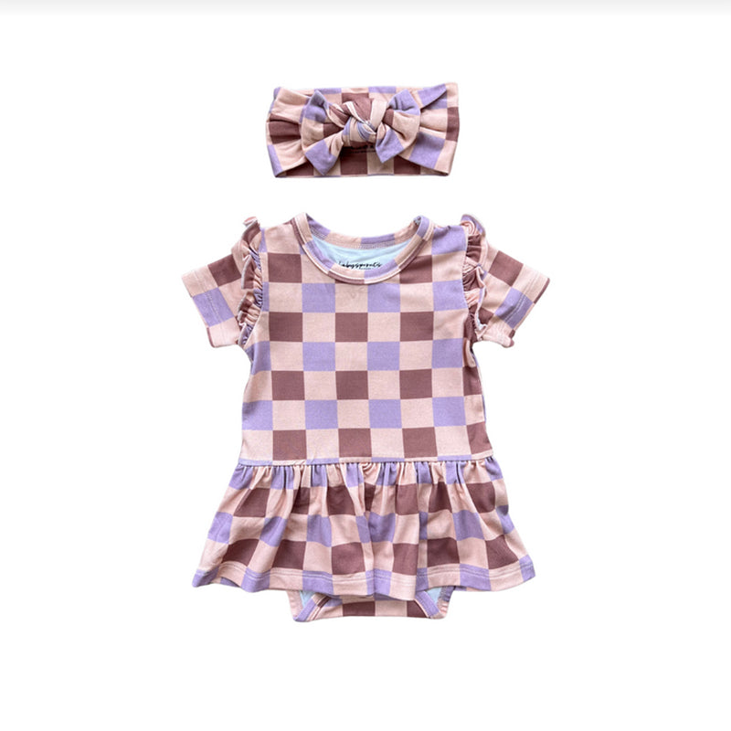 Babysprouts Checker In Burlwood Short Sleeve Bodysuit Dress
