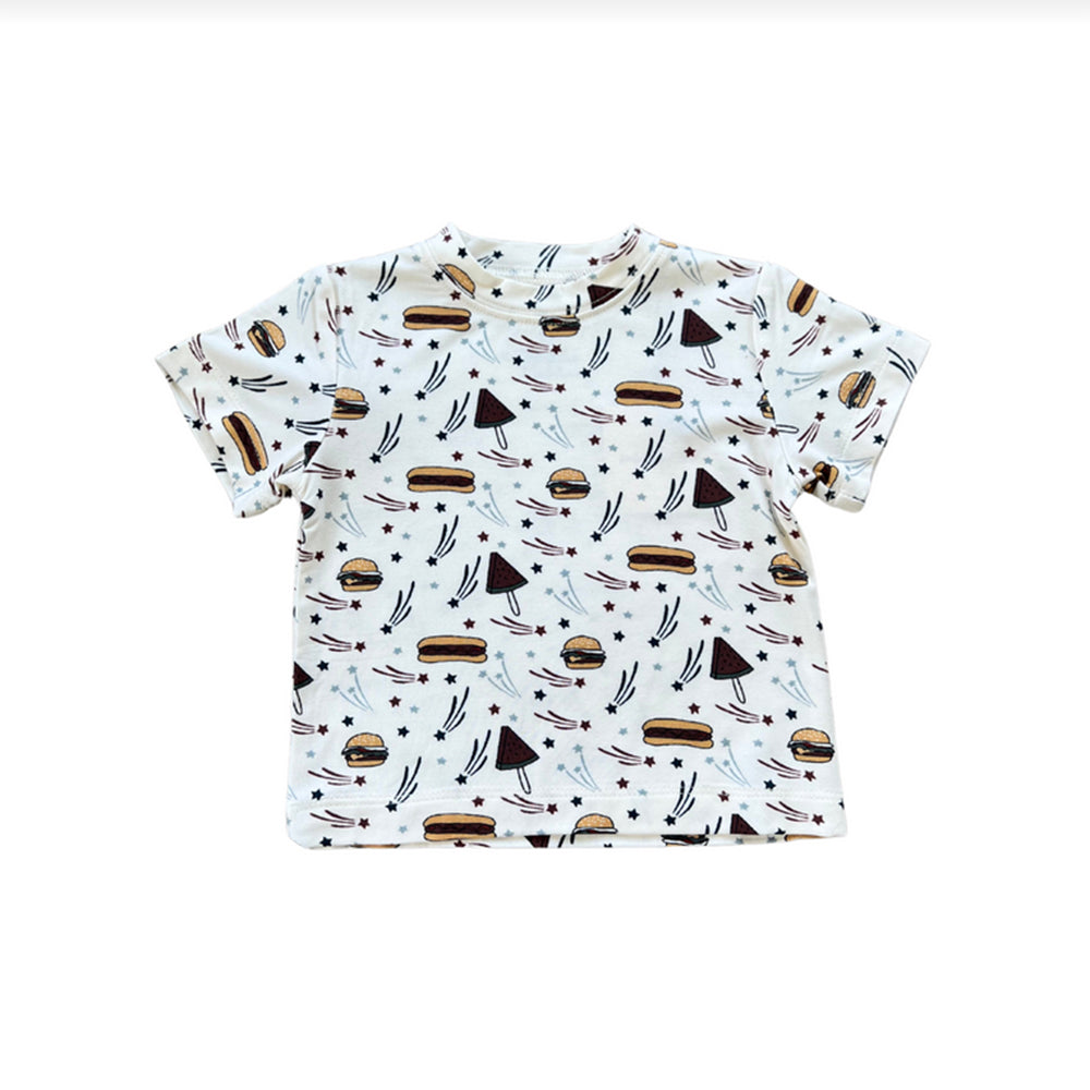 Boys tee with burger and hotdogs printed on it