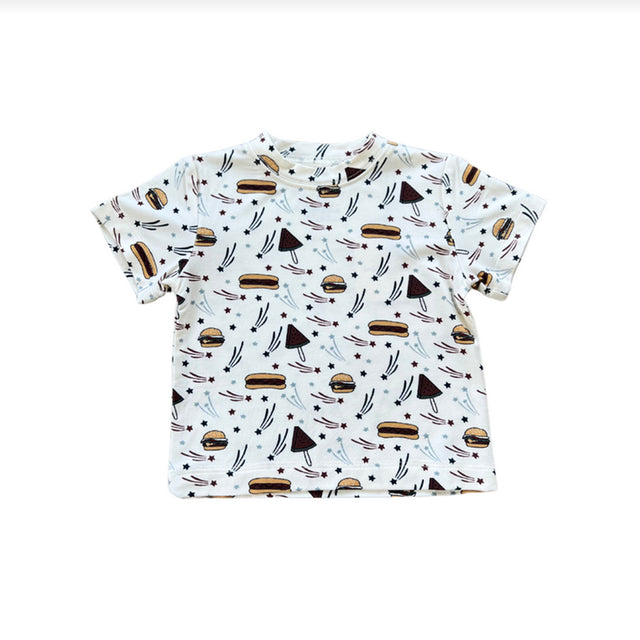 Boys tee with burger and hotdogs printed on it