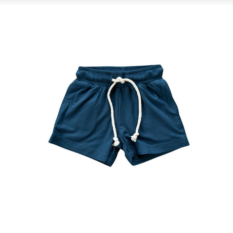 Navy blue shorts with white drawstring