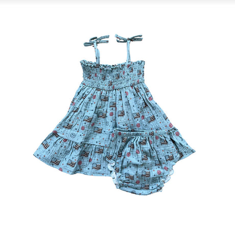 Girls mini dress set complete with the bloomers with flags and smiley faces print