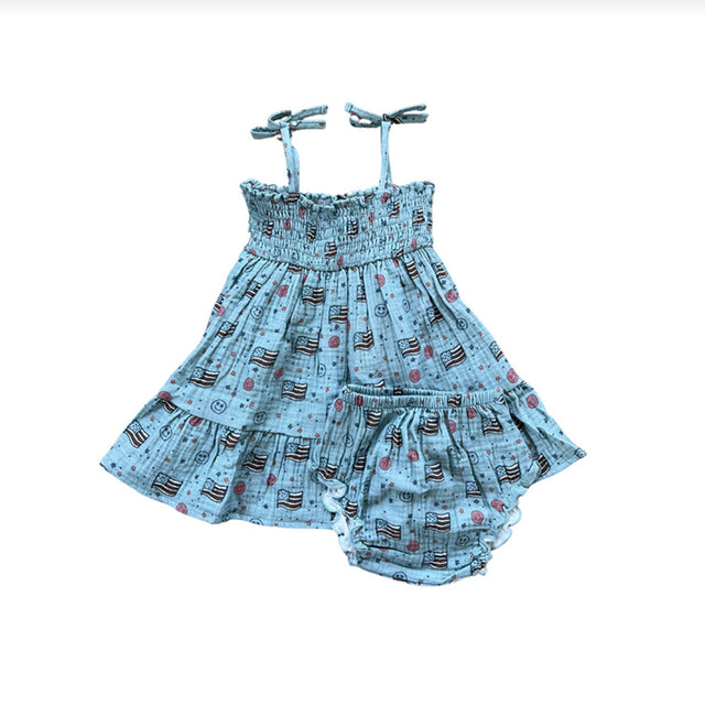 Girls mini dress set complete with the bloomers with flags and smiley faces print