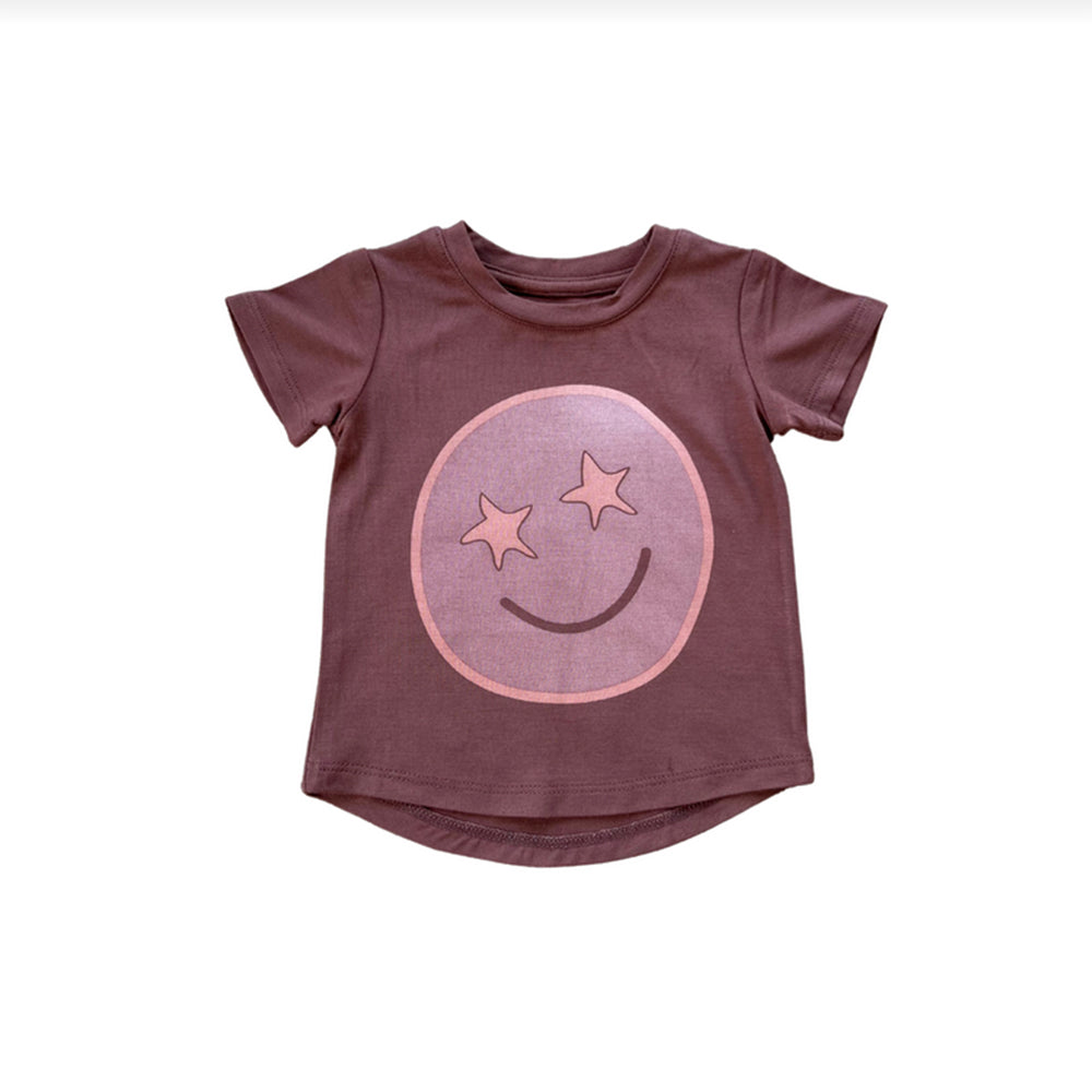 Girls pink and mauve tee with star eyed smiley face on front
