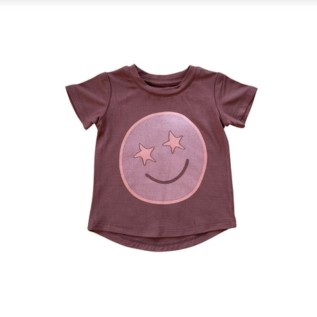 Girls pink and mauve tee with star eyed smiley face on front