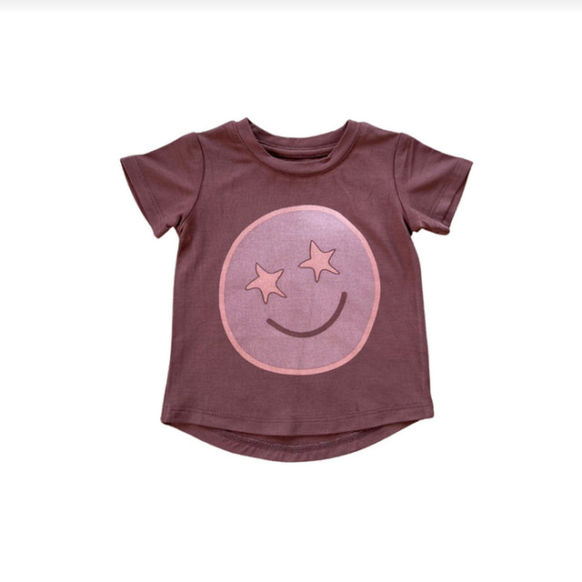 Girls pink and mauve tee with star eyed smiley face on front