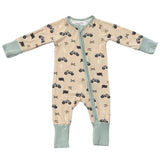 Baby onesie with car pattern and light blue accents on a white background