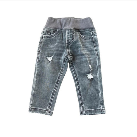 A pair of gray wash denim jeans for babies, with visible signs of wear such as ripped fabric.