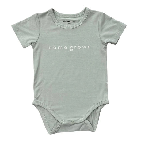 Light gray baby onesie with 'home grown' text on a white background