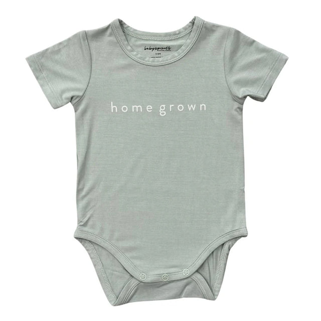 Light gray baby onesie with 'home grown' text on a white background