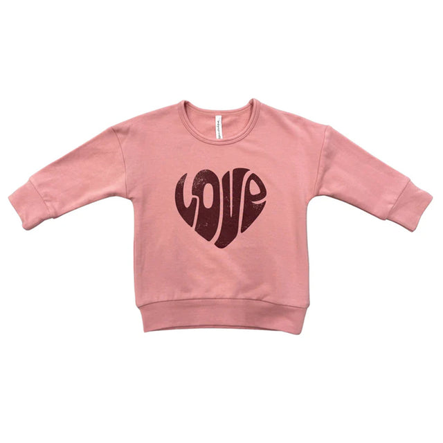 Pink sweatshirt with a heart-shaped 'LOVE' design on a white background