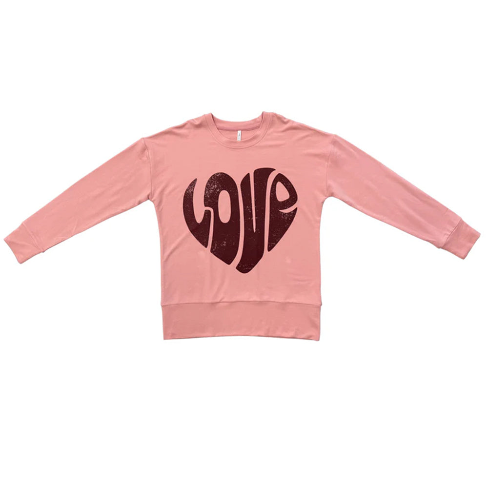 Pink sweatshirt with a heart-shaped 'LOVE' design on a white background