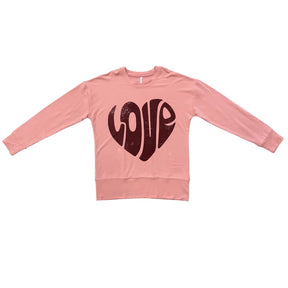 Pink sweatshirt with a heart-shaped 'LOVE' design on a white background