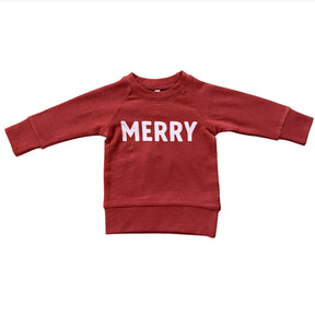 Red sweatshirt with 'MERRY' text on a white background