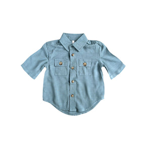A blue short-sleeved button-up shirt with collar and two front pockets for babies.