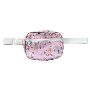 Pink floral-patterned waist bag with a white strap on a white background