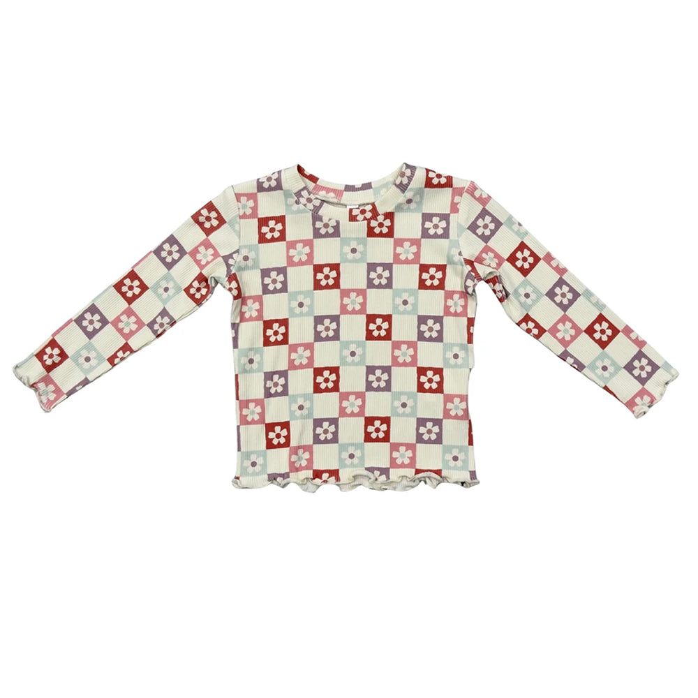 Babysprouts Wavy Daisy Checkered Girls Lettuce Hem Tee