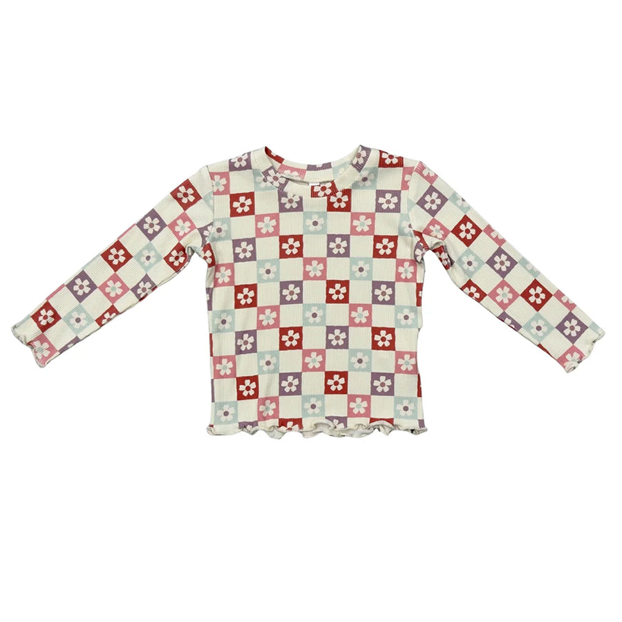 Babysprouts Wavy Daisy Checkered Girls Lettuce Hem Tee