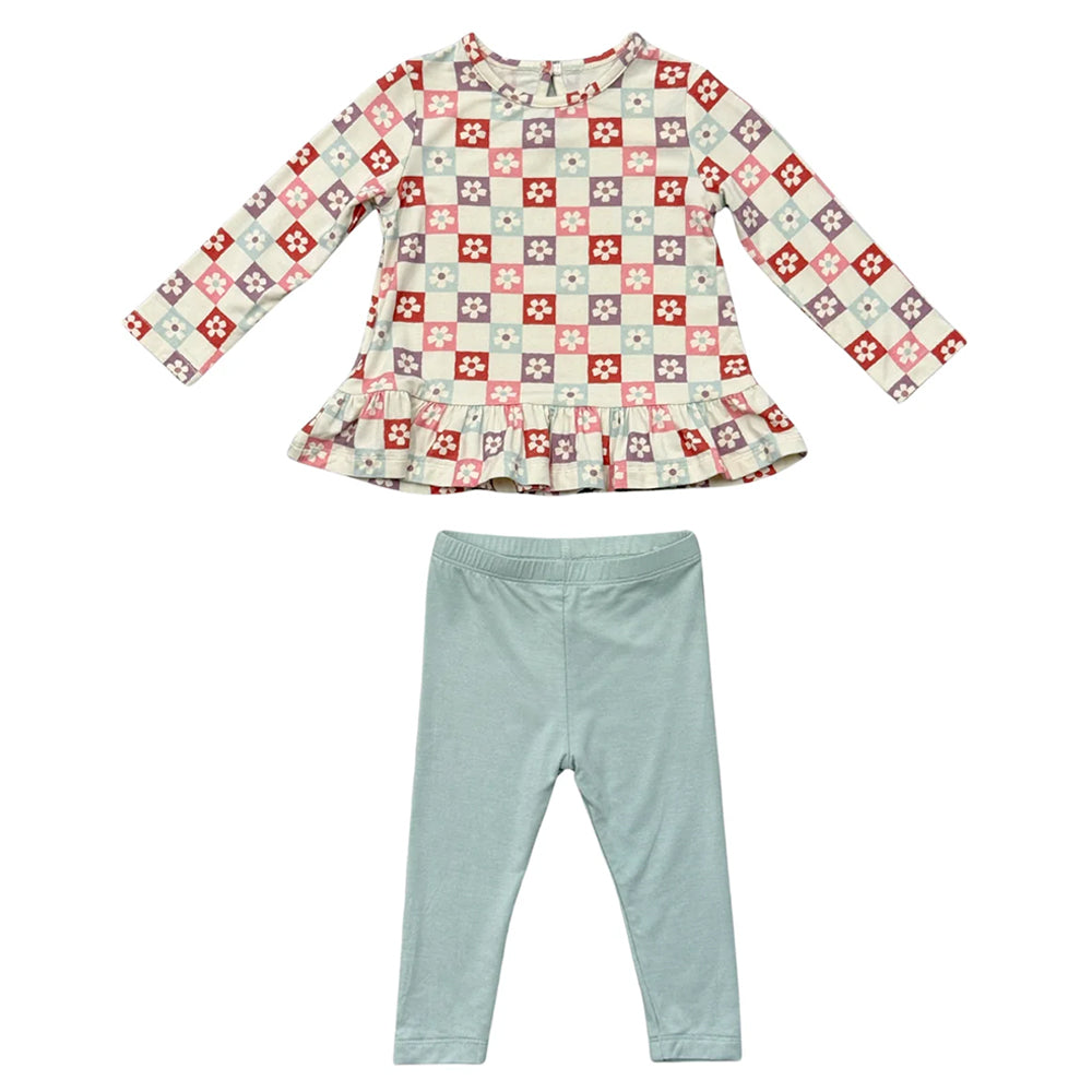 Babysprouts Wavy Daisy Checkered Girls Long Sleeve Peplum Set