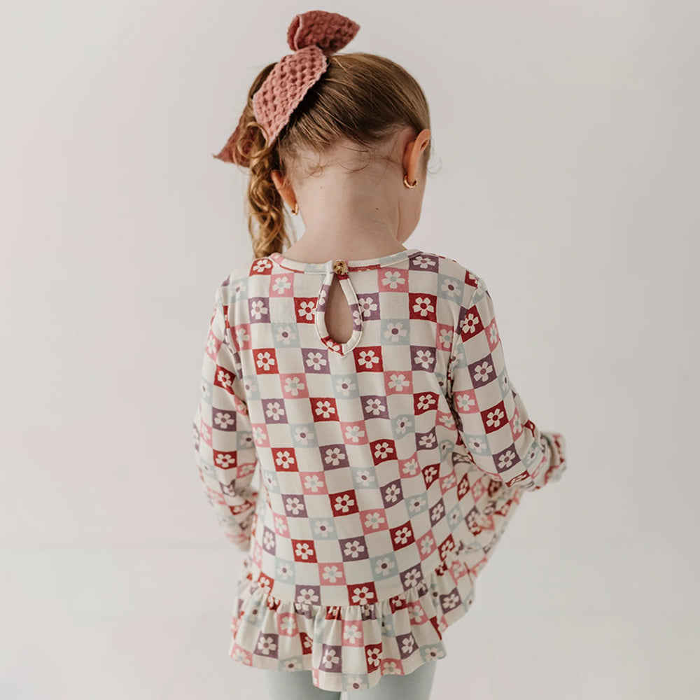 Babysprouts Wavy Daisy Checkered Girls Long Sleeve Peplum Set