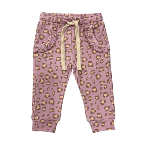 Pink leopard print pants with a yellow drawstring on a white background