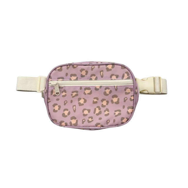A small waist bag with a dusty purple leopard print pattern and cream-colored straps and zipper, shown against a plain white background.