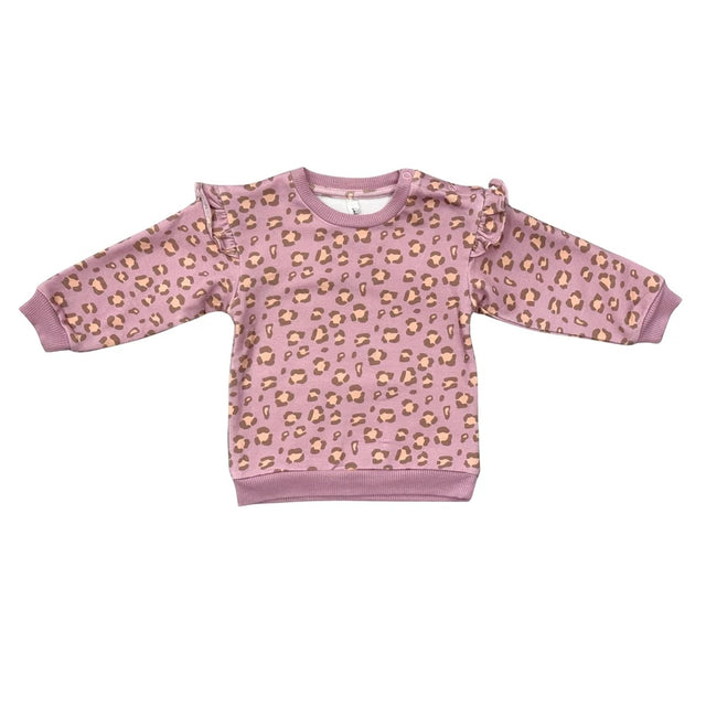Pink sweater with gold leopard print on a white background
