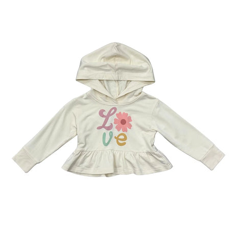 An off-white long-sleeve hooded sweatshirt for toddlers, featuring a ruffled hem and a colorful graphic on the front spelling 'Love' with a flower motif, displayed on a solid white background.