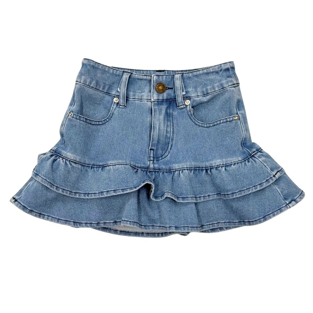 A light blue denim ruffled mini skirt with a button fly and front pockets, shown flat on a white background.