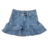 A light blue denim ruffled mini skirt with a button fly and front pockets, shown flat on a white background.