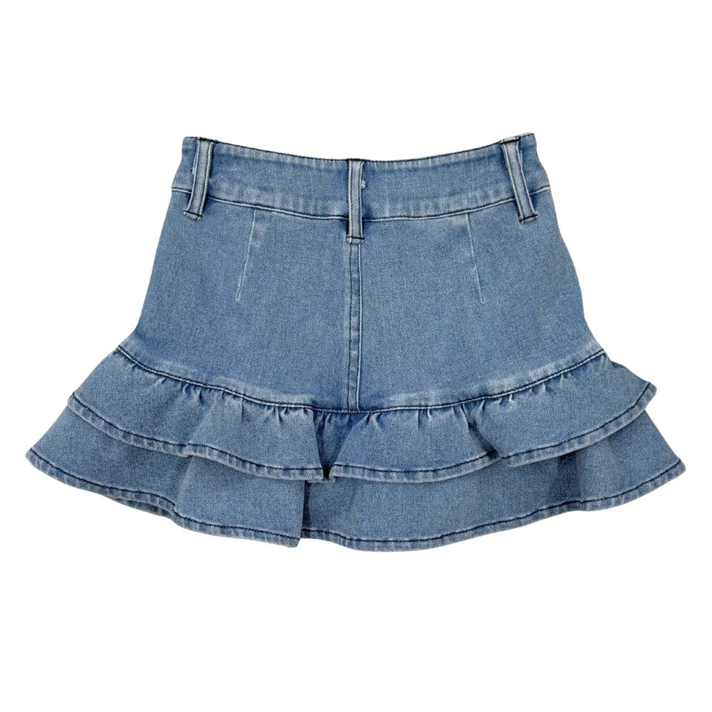 A light blue denim ruffled mini skirt with a high waist and belt loops, shown flat against a solid white background.