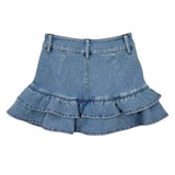 A light blue denim ruffled mini skirt with a high waist and belt loops, shown flat against a solid white background.