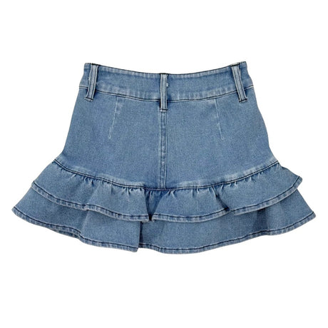 A light blue denim ruffled mini skirt with a high waist and belt loops, shown flat against a solid white background.