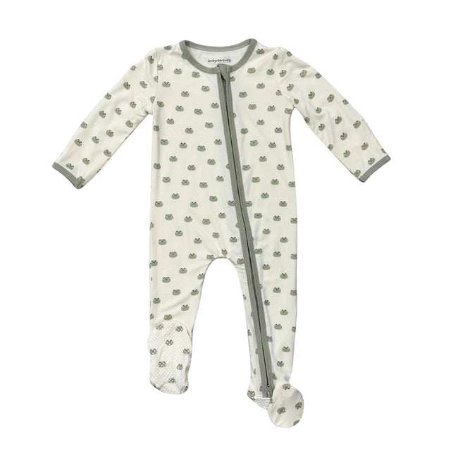 Baby onesie with green pattern on a white background