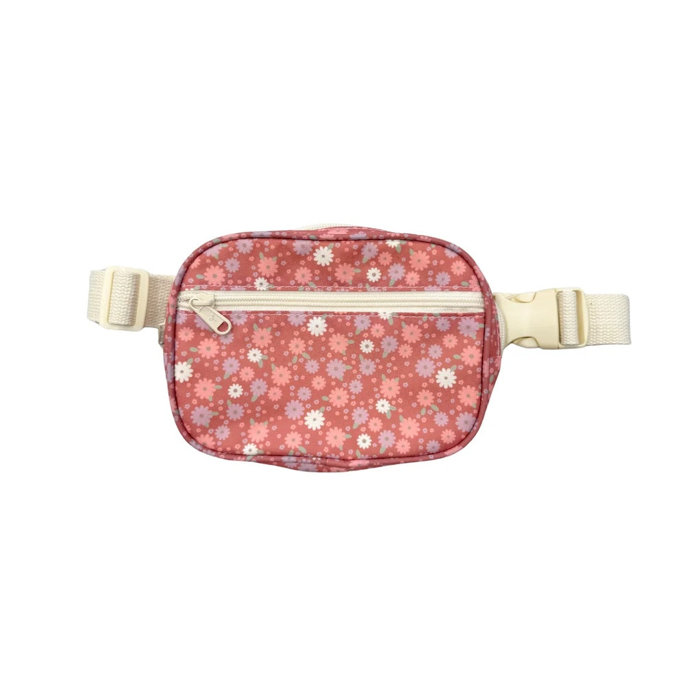 A small waist bag with a pink floral pattern and cream-colored straps and zipper, shown against a plain white background.