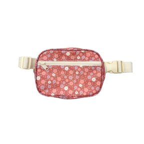 A small waist bag with a pink floral pattern and cream-colored straps and zipper, shown against a plain white background.