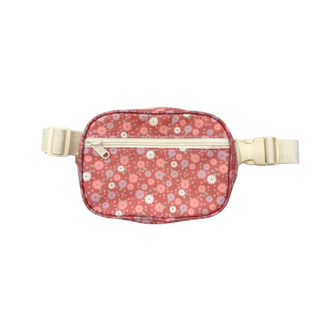 A small waist bag with a pink floral pattern and cream-colored straps and zipper, shown against a plain white background.
