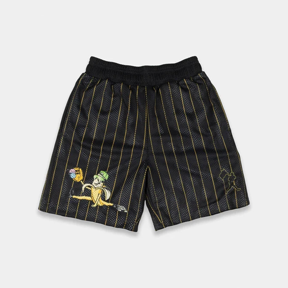 Black mesh athletic shorts with thin gold pinstripes, featuring a cartoon character graphic on the left leg and a small logo on the right leg, shown against a light gray background.