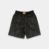 Black athletic shorts with thin yellow vertical pinstripes and a black elastic waistband featuring a small yellow logo patch.