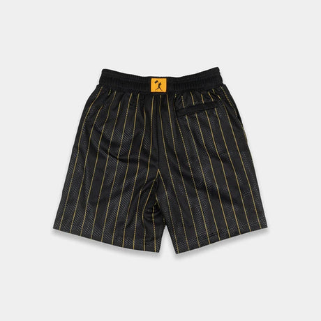 Black athletic shorts with thin yellow vertical pinstripes and a black elastic waistband featuring a small yellow logo patch.