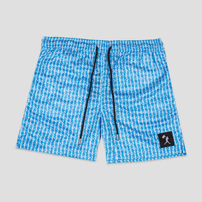 Blue and white patterned athletic shorts with a black drawstring and a small black logo patch on the lower left leg, shown flat on a light gray background.