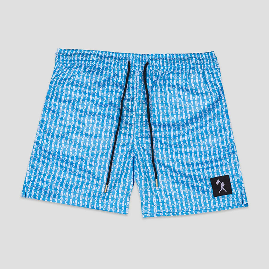 Blue and white patterned athletic shorts with a black drawstring and a small black logo patch on the lower left leg, shown flat on a light gray background.
