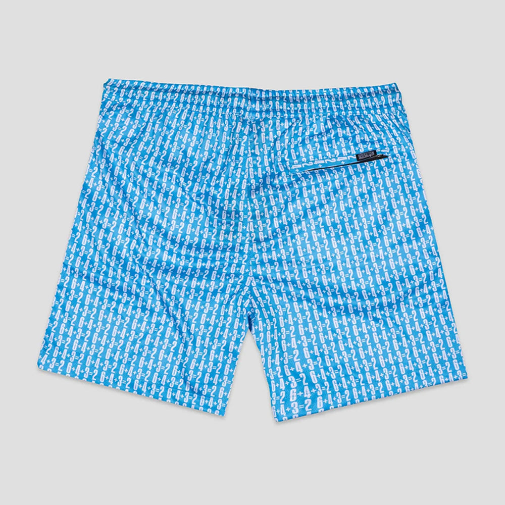 Blue and white patterned shorts with a small black brand tab on the back pocket, shown flat on a light gray background.