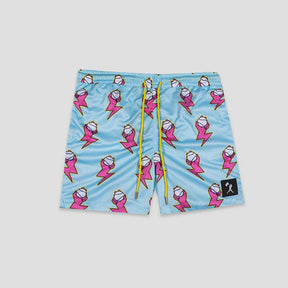 Light blue shorts with a repeating pink lightning bolt and baseball pattern, featuring a bright yellow drawstring and a small black logo patch on the lower left leg.