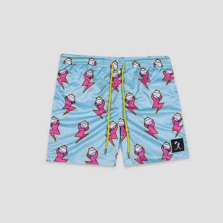 Light blue shorts with a repeating pink lightning bolt and baseball pattern, featuring a bright yellow drawstring and a small black logo patch on the lower left leg.