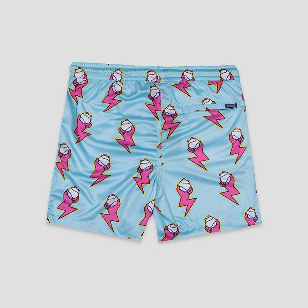 Light blue shorts with an all-over pink and white ice cream cone and lightning bolt pattern, shown flat against a light gray background.