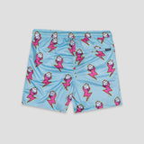 Light blue shorts with an all-over pink and white ice cream cone and lightning bolt pattern, shown flat against a light gray background.