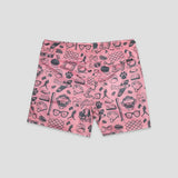 Pink shorts with a black doodle-style pattern of sports and fitness icons, shown flat on a light gray background.