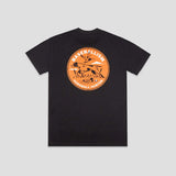 A black short-sleeve crewneck t-shirt with a circular orange and black graphic on the chest depicting baseball-themed illustrations and the text 'BASEBALLISM' and 'CARDBALL HUNTER'.