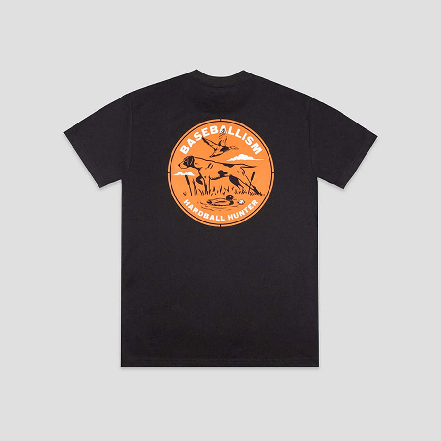 A black short-sleeve crewneck t-shirt with a circular orange and black graphic on the chest depicting baseball-themed illustrations and the text 'BASEBALLISM' and 'CARDBALL HUNTER'.