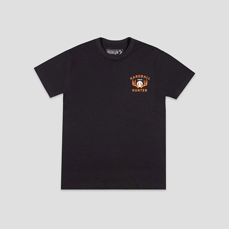 A black short-sleeve crewneck t-shirt with a small orange and white graphic on the left chest reading 'WARDBALL HUNTER', displayed flat against a light gray background.